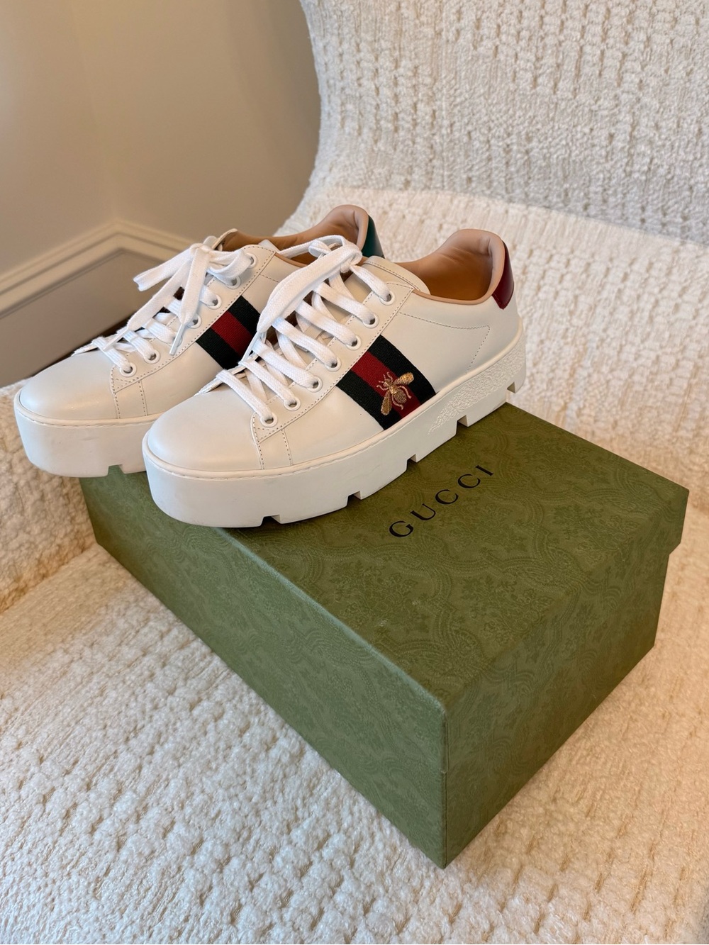 Gucci Ace White Leather Platform Sneakers with Red and Green Web Stripe and Bee